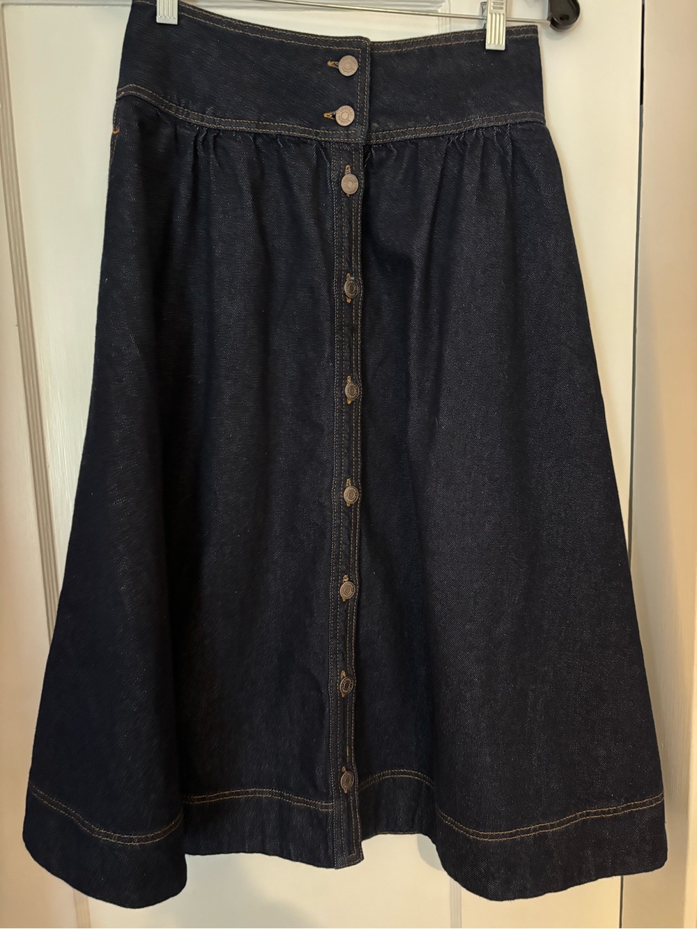 Loeffler Randall Dark Blue Denim Button-Front A-Line Skirt